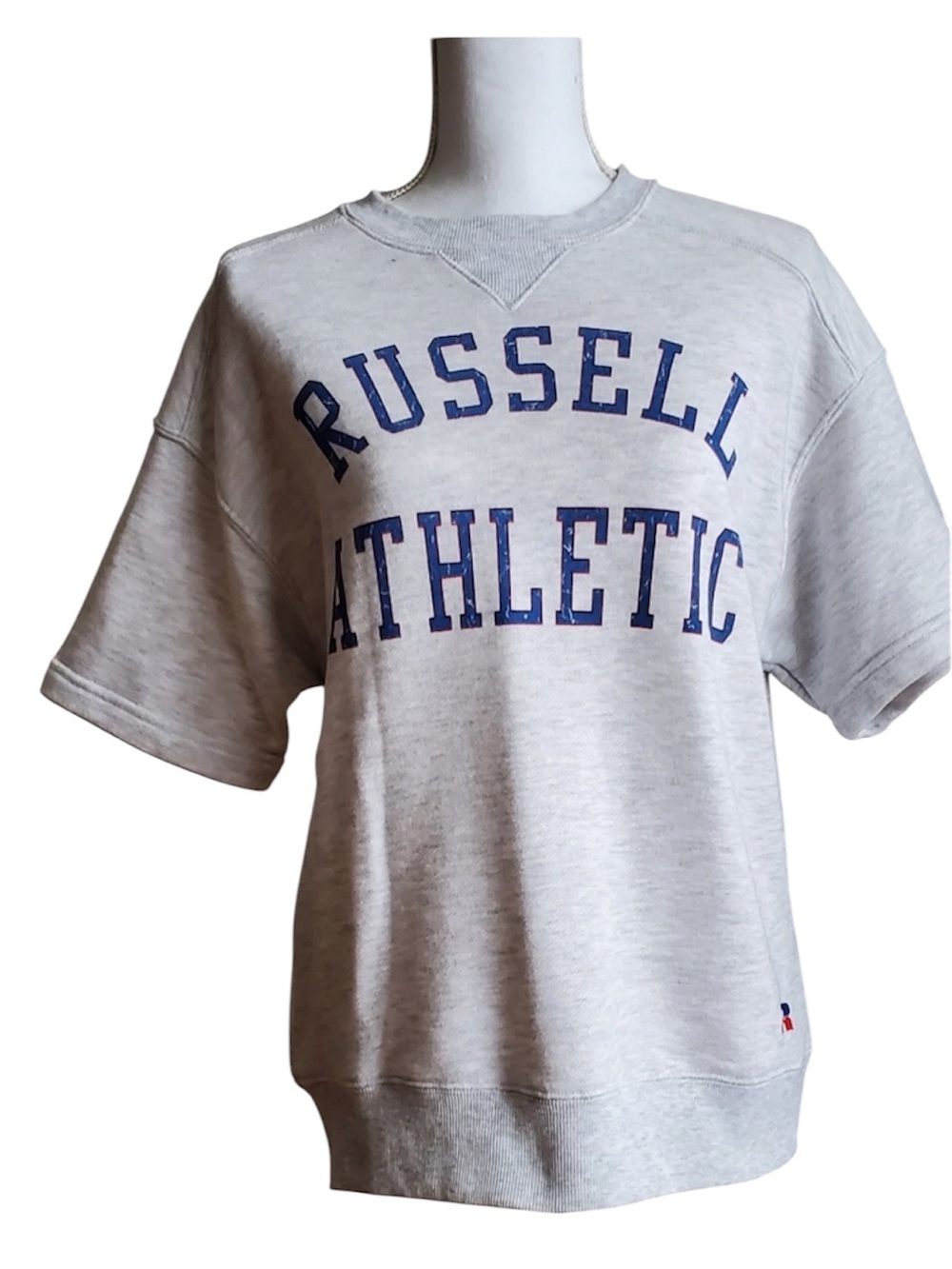 VINTAGE Russell Athletic Light Gray Short Sleeve Sweatshirt with Blue Lettering
